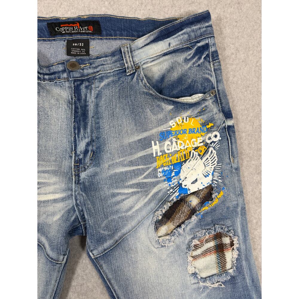 Copper Rivet Distressed Moto Mens Jeans Plaid Rip & Repair Light Blue 38x32 Slim - Picture 7 of 16